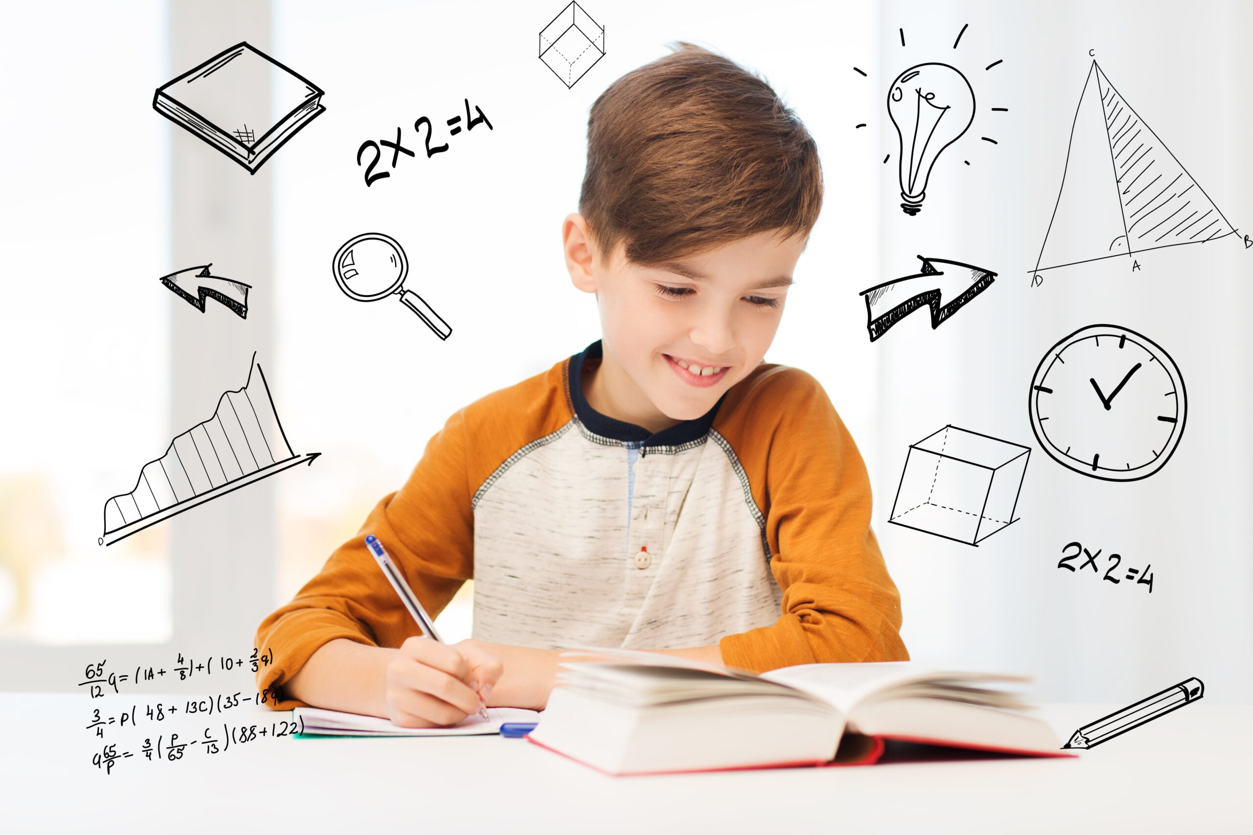 education, childhood, people, homework and school concept - smiling student boy with book writing to notebook at home over mathematical doodles